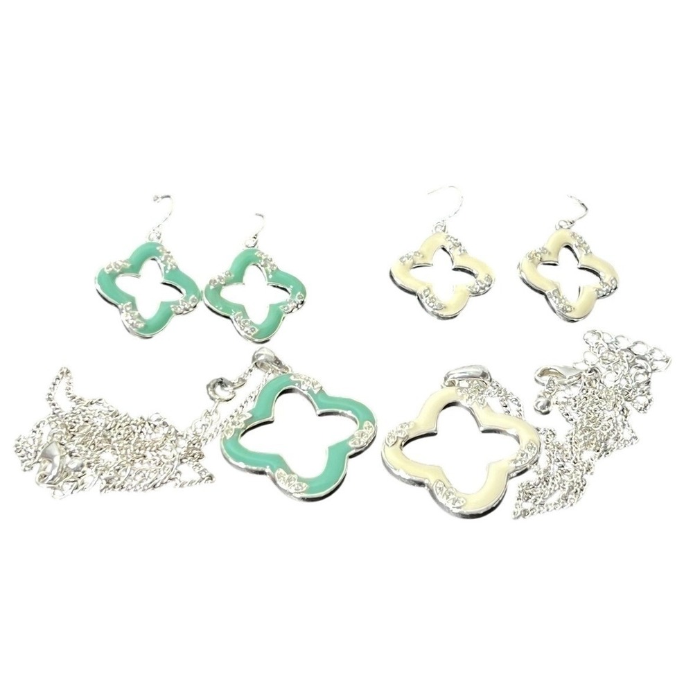 2 PC Clover Quatrefoil Necklace & Dangle Earring Sets Silver Tone Enamel Crystal